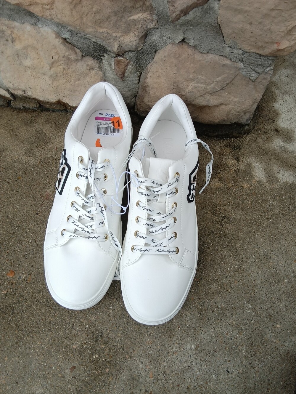 Karl Lagerfeld White Low-Top Lace-Up Sneakers with Script Laces